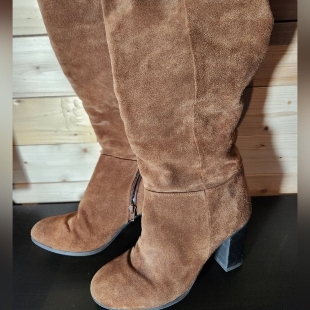 Aldo brown suede heeled boots rounded‎ toe zippered